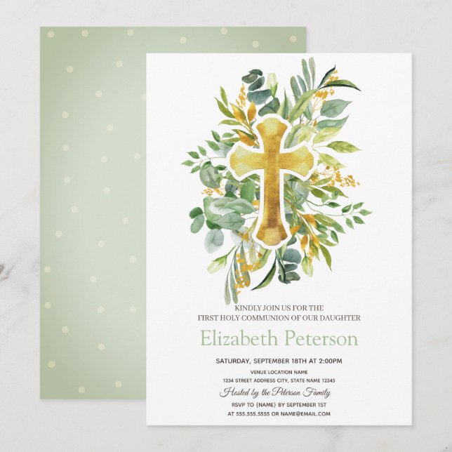 Gold Cross Leaves Dots First Holy Communion   Invitation (Front/Back)