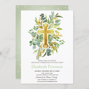 Gold Cross Leaves Dots First Holy Communion Invitation