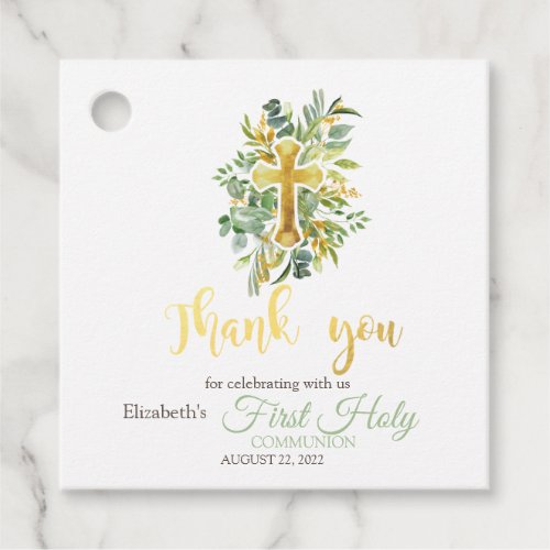 Gold Cross Leaves First Holy Communion  Favor Tags