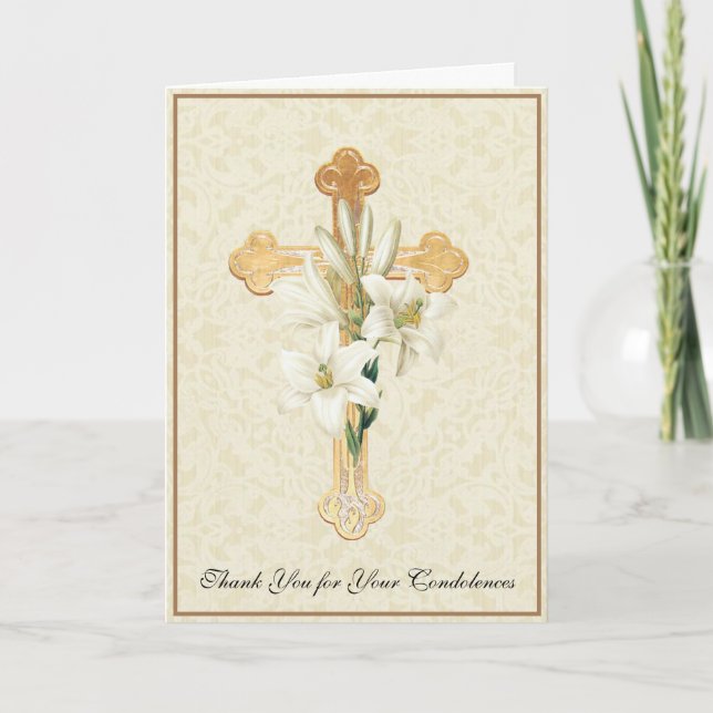 Gold Cross Lilies  Christian Condolence Thank You (Front)