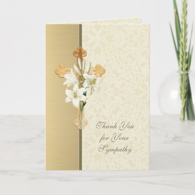 Gold Cross Lilies  Christian Condolence Thank You (Front)