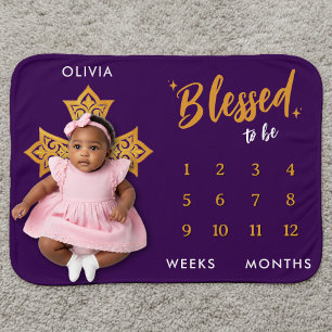 Gold Cross Milestone Christian Blessed Purple Baby Blanket