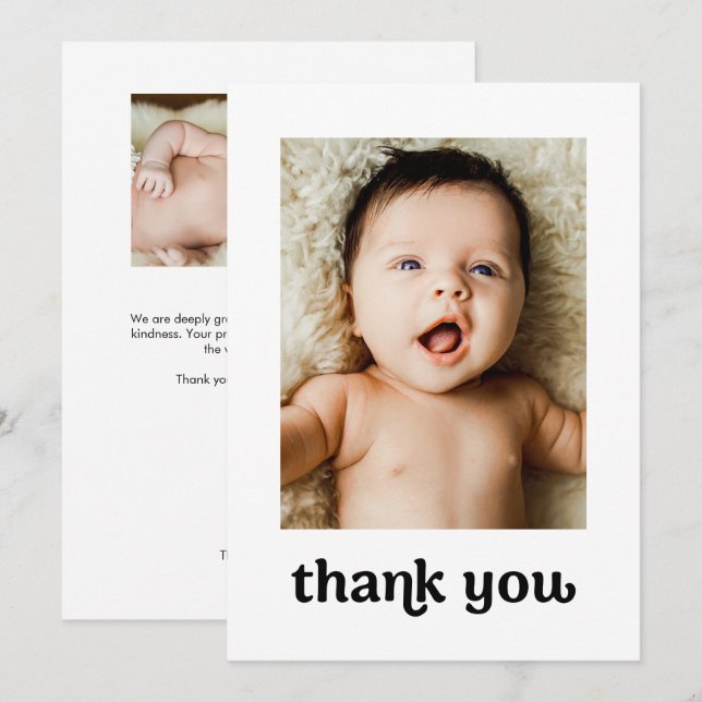 Gold cross Modern 2 Baby Photos Simple Baptism Thank You Card (Front/Back)