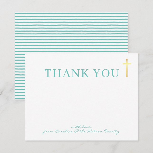GOLD CROSS modern holy baptism cute mint thank you Invitation (Front/Back)