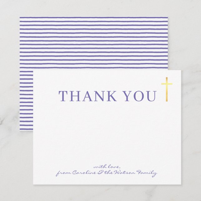 GOLD CROSS modern holy baptism purple thank you Invitation (Front/Back)