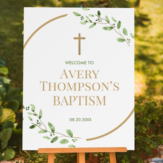 Gold cross Modern Script Greenery wreath Baptism Foam Board (Baptism easel sign foam board wreath and gold cross.)