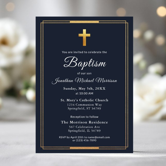 Gold Cross Modern Script Navy Blue Elegant Baptism Invitation (Creator Uploaded)