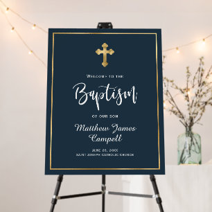 Gold Cross Modern Script Navy Boy Baptism Welcome Foam Board
