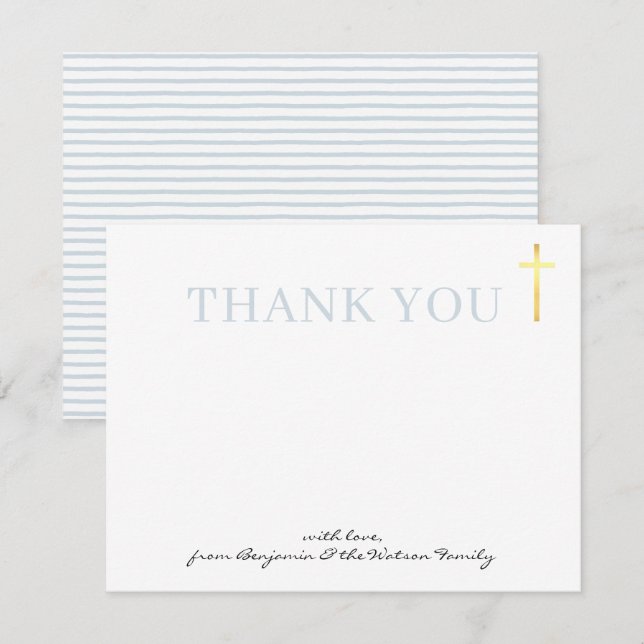 GOLD CROSS modern thank you baptism pale blue Invitation (Front/Back)