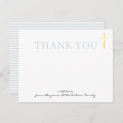 GOLD CROSS modern thank you baptism pale blue Invitation