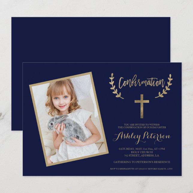 Gold cross navy blue photo confirmation invitation (Front/Back)
