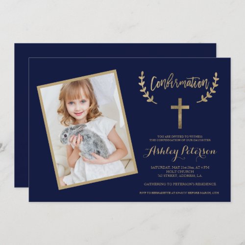 Gold cross navy blue photo confirmation invitation