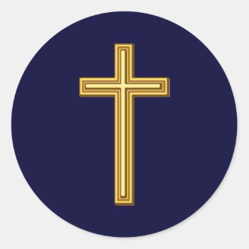 Gold Cross On Blue Classic Round Sticker by TNMgraphics at Zazzle