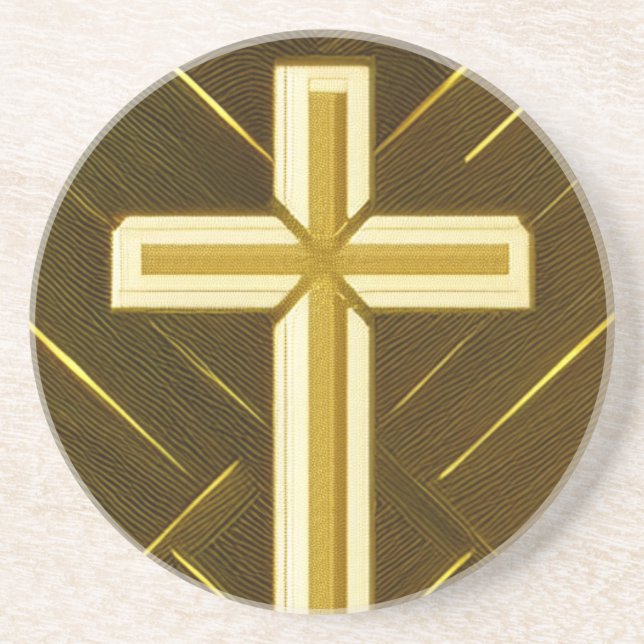Gold Cross on Brown Background Sandstone Coaster (Front)
