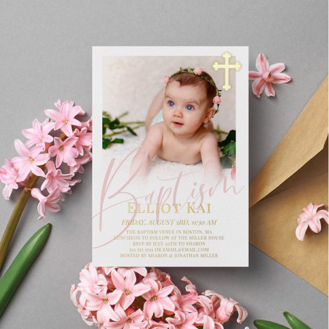 Gold Cross Pale Pink Script Photo Baptism Foil Invitation (Creator Uploaded)