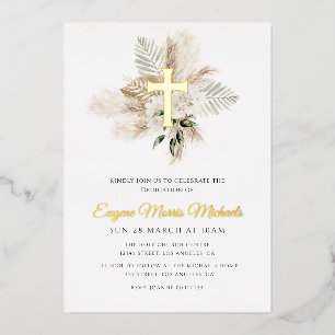 gold cross pampas dedication foil invitation