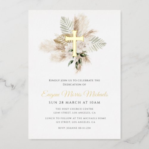 gold cross pampas dedication foil invitation