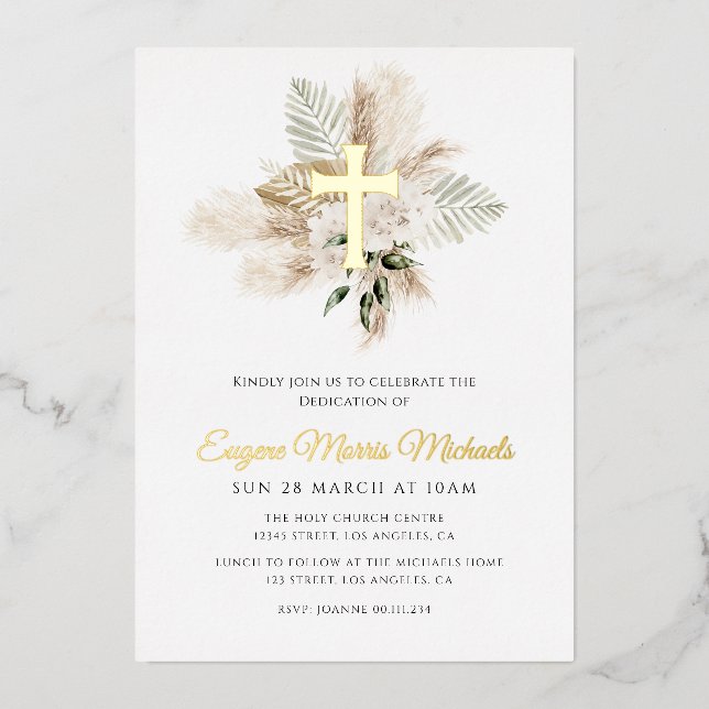 gold cross pampas dedication foil invitation (Front)