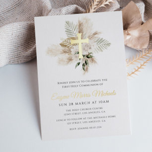 gold cross pampas first communion foil invitation