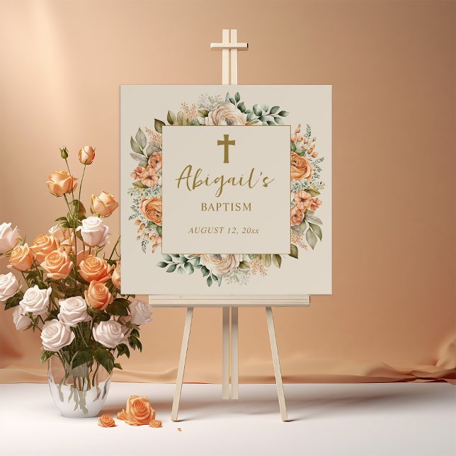 Gold Cross Peach Cream Floral Baby Girl Baptism Foam Board (Peach and cream watercolor floral with gold cross baby girl baptism sign)