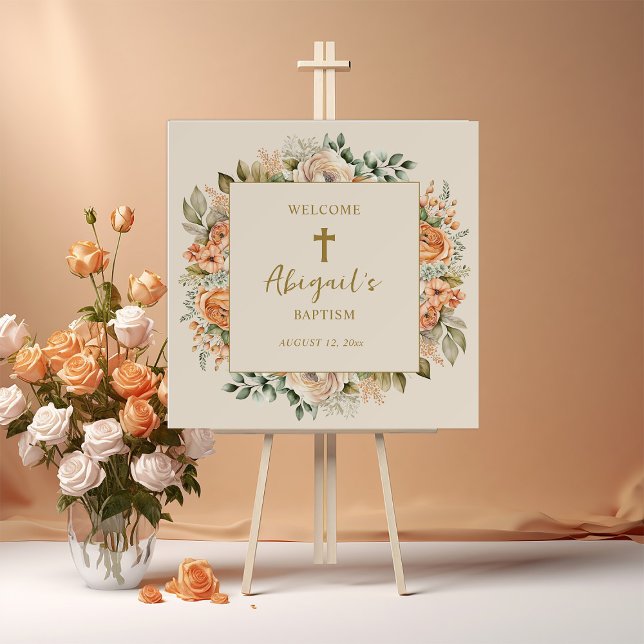 Gold Cross Peach Cream Floral Baptism Welcome Foam Board (Peach and cream watercolor floral with gold cross baby girl baptism "welcome" sign)