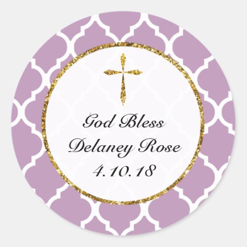 Gold Cross Personalized Favor Tag Purple Classic Round Sticker