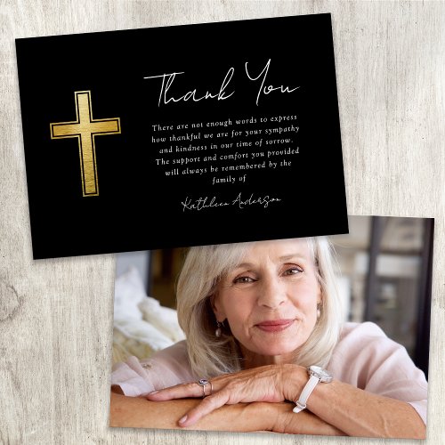 Gold Cross Photo Funeral Sympathy Thank You Card