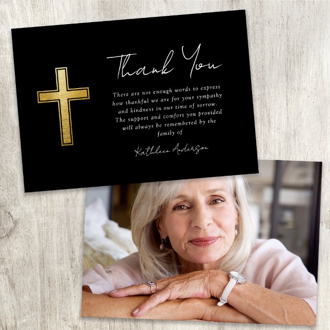 Gold Cross Photo Funeral Sympathy Thank You Card (Creator Uploaded)