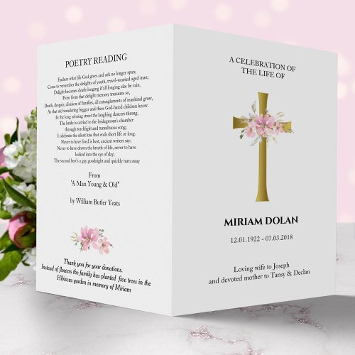 Gold cross pink bouquet commemoration program flyer