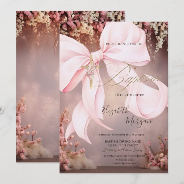 Gold Cross Pink Bow Floral Baptism  Invitation (Front/Back)