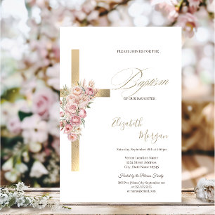 Gold Cross Pink Flowers Baptism Glitter Confetti Invitation