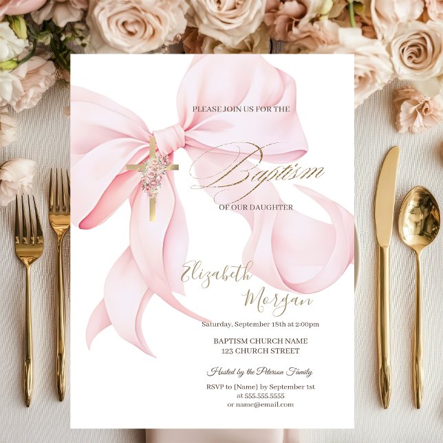  Gold Cross Pink Flowers Bow Baptism Pink Invitation (Creator Uploaded)