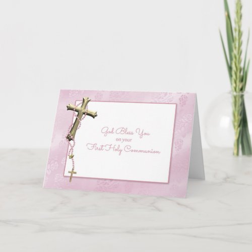 Gold Cross Pink Rosary Beads Communion Blessing Card