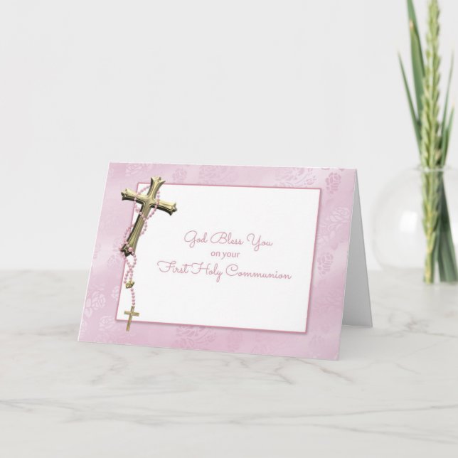 Gold Cross, Pink Rosary Beads, Communion Blessing Card (Front)