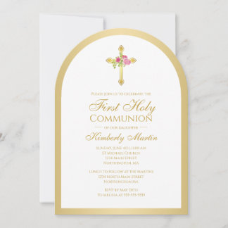 Gold Cross Pink Roses Floral Arch First Communion Invitation