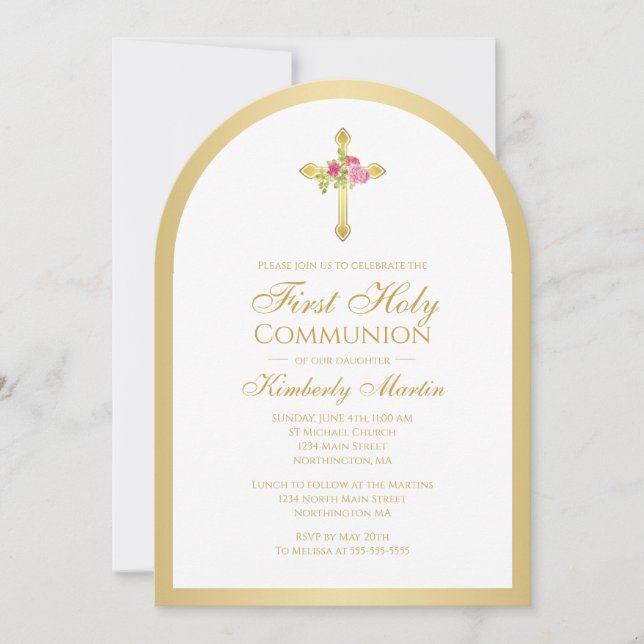 Gold Cross Pink Roses Floral Arch First Communion  Invitation (Front)
