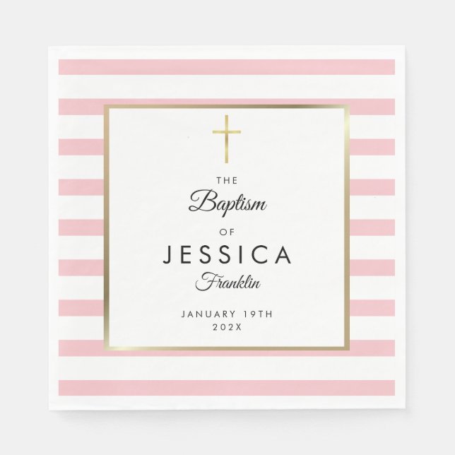Gold Cross Pink Stripe Baptism Christening Napkins (Front)