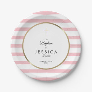 Gold Cross Pink Stripe Baptism Christening Paper Plates