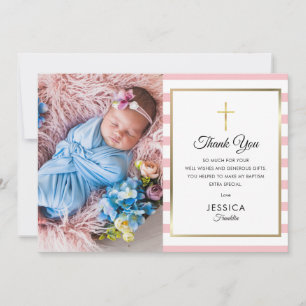 Gold Cross Pink Stripe Baptism Christening Photo Thank You Card