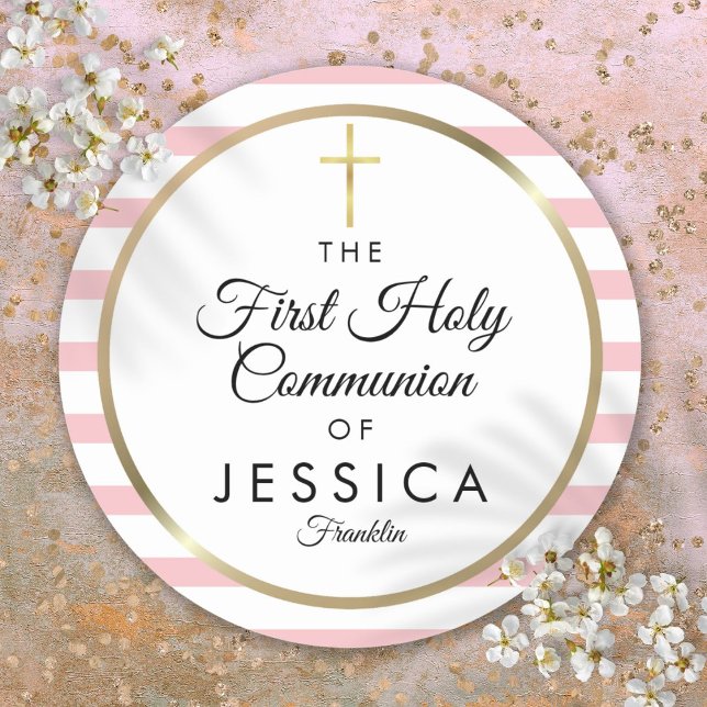 Gold Cross Pink Stripe First Holy Communion Classic Round Sticker (Gold Cross Pink Stripe First Holy Communion Classic Round Sticker)