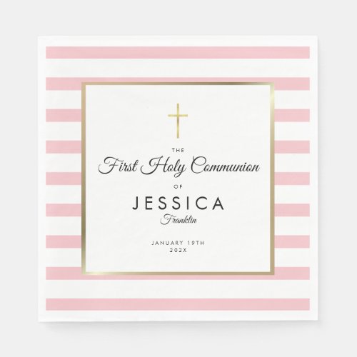 Gold Cross Pink Stripe First Holy Communion Napkins