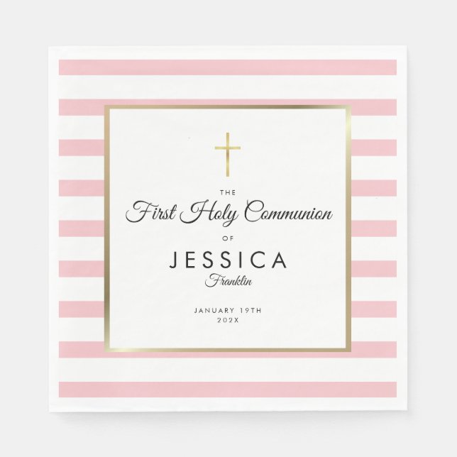 Gold Cross Pink Stripe First Holy Communion Napkins (Front)