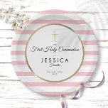 Gold Cross Pink Stripe First Holy Communion Paper Plates<br><div class="desc">Pretty pink stripe First Holy Communion paper plate featuring a gold cross with an elegant faux gold foil border that frames your special celebration event details set in modern typography. Designed by Thisisnotme©</div>