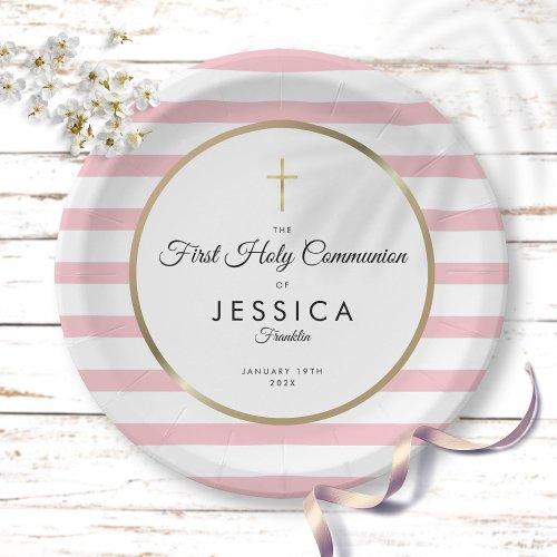 Gold Cross Pink Stripe First Holy Communion Paper Plates