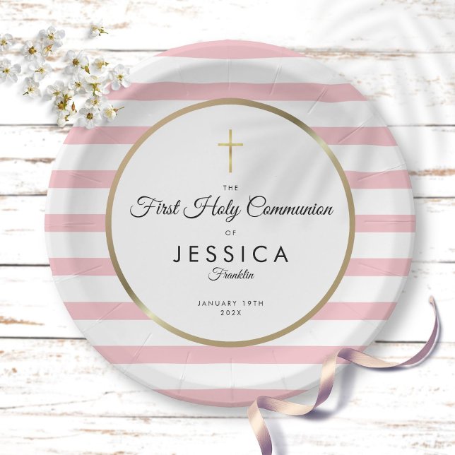 Gold Cross Pink Stripe First Holy Communion Paper Plates (Creator Uploaded)