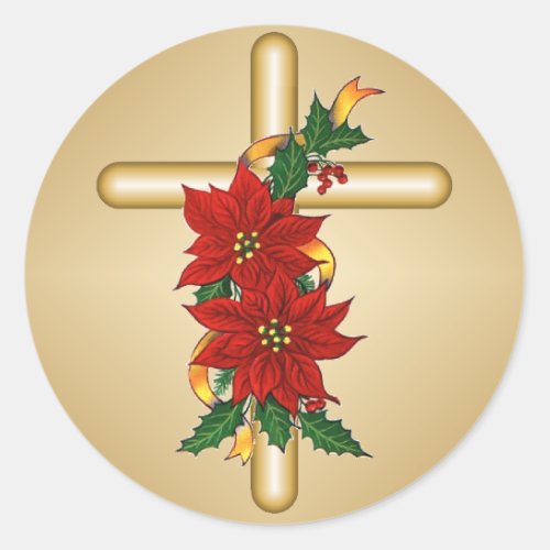 Gold Cross Poinsettia Christmas Stickers