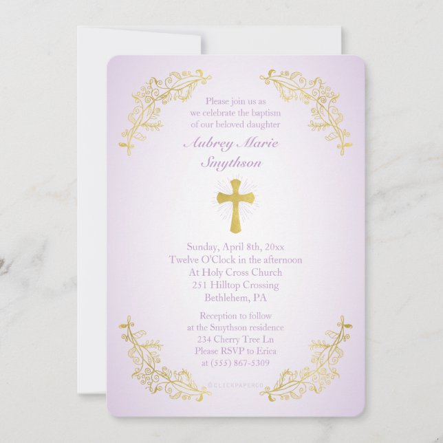 Gold Cross Purple Baptism Photo Invitation (Front)