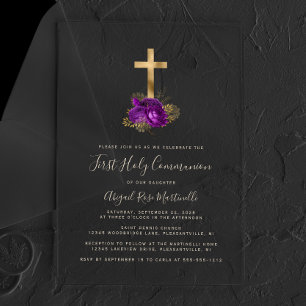 Gold Cross Purple Floral Gold Text First Communion Acrylic Invitations