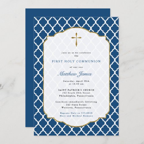 Gold Cross Quatrefoil Religious Invitation Blue Invitation