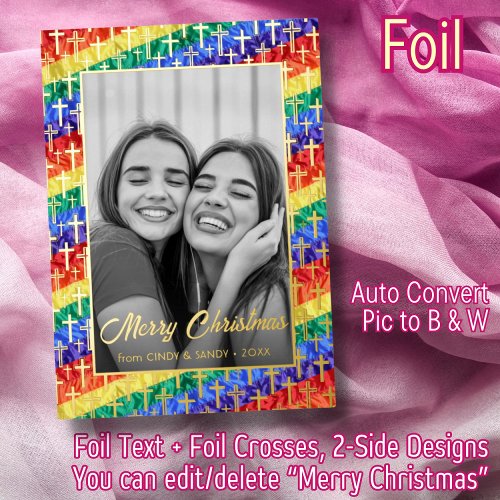 Gold Cross Rainbow Flag Black and White Photo LGBT Foil Holiday Card